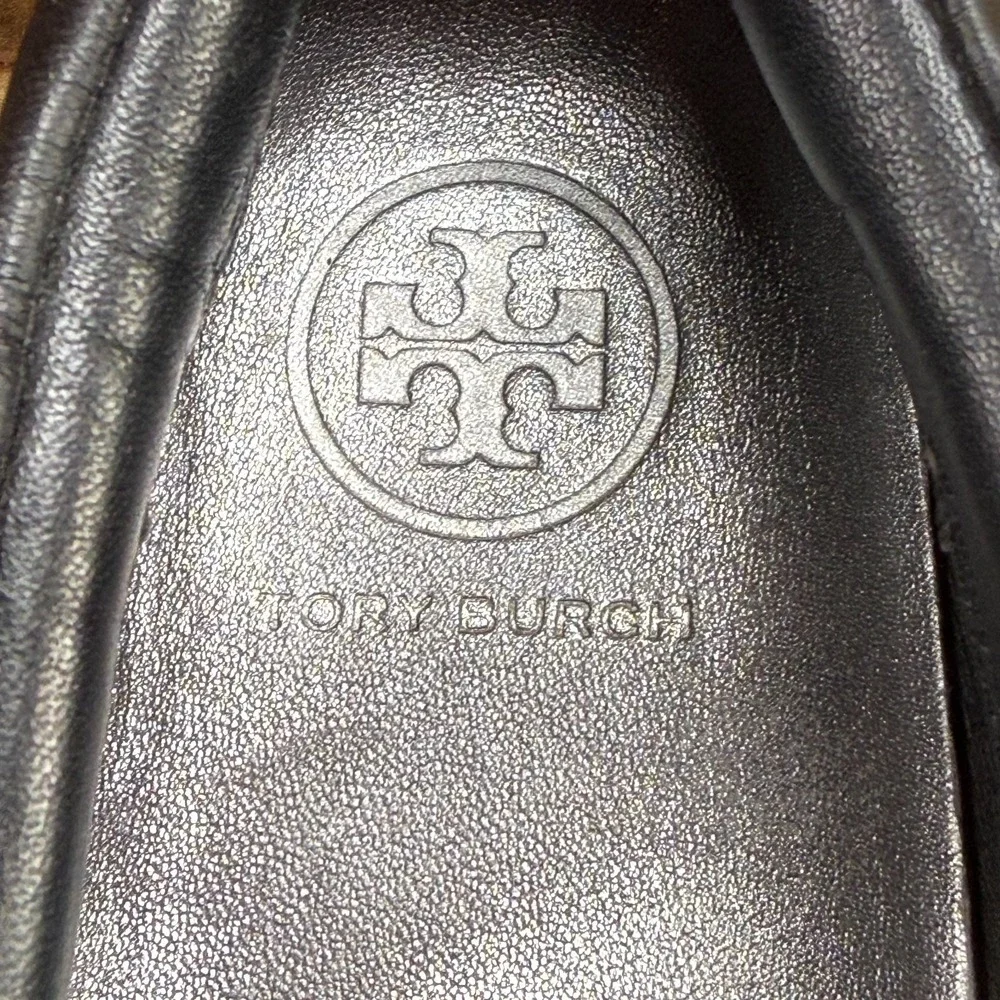 Tory Burch Logan Embellished Slip On 5 M Black Leather Beaded Pewter Casual Walk